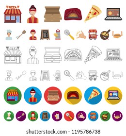 Pizza and pizzeria cartoon icons in set collection for design. Staff and equipment vector symbol stock web illustration.