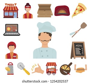 Pizza and pizzeria cartoon icons in set collection for design. Staff and equipment vector symbol stock web illustration.