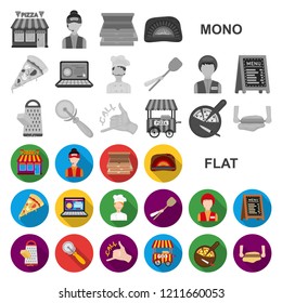Pizza and pizzeria flat icons in set collection for design. Staff and equipment vector symbol stock web illustration.
