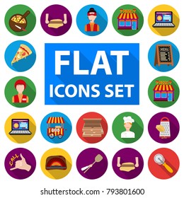 Pizza and pizzeria flat icons in set collection for design. Staff and equipment vector symbol stock web illustration.