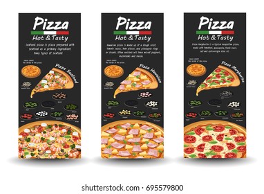Fondo de Vector de flyer de pizza. Dos Anuncios de pizza con ingredientes y texto en pizarra.