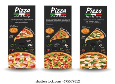 Pizza Pizzeria flyer vector background. Two Pizza banners with ingredients and text on  blackboard.