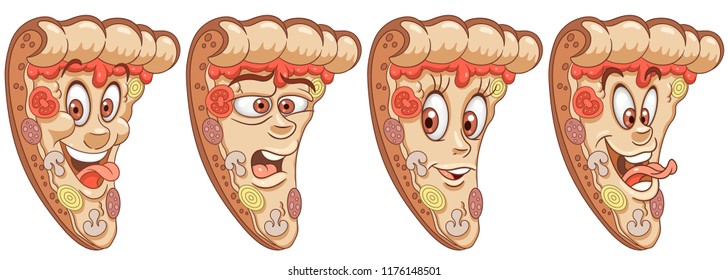 Pizza. Pizzeria Food concept. Emoji Emoticon collection. Cartoon characters for kids coloring book, colouring pages, t-shirt print, icon, logo, label, patch, sticker.