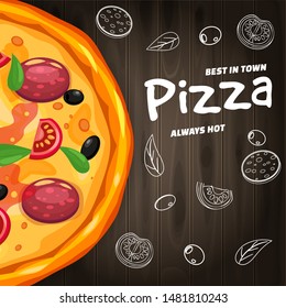 Pizza Pizzeria Italian with ingredients and text on wooden background fast food top view template flyer baner . Vector illustration for food menu or street food posters design, prints, web