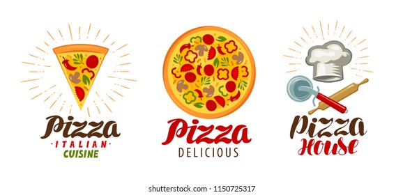 Pizza, pizzeria logo or icon. Labels for menu design restaurant or cafe. Vector illustration