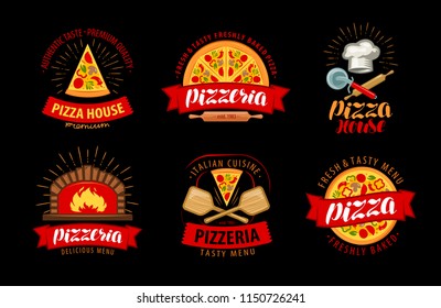 Pizza, pizzeria logo or label. Elements for menu design restaurant or cafe