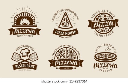 Pizza, pizzeria logo or label. Food symbol set. Vector illustration