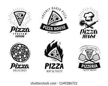 Pizza, pizzeria logo or label. Food icon set. Vector illustration