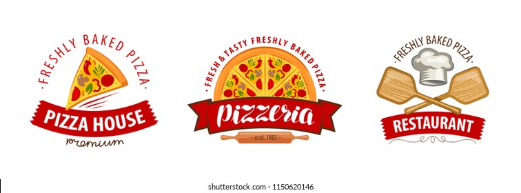 Pizza, pizzeria logo or symbol. Labels for menu design restaurant or cafe. Vector illustration