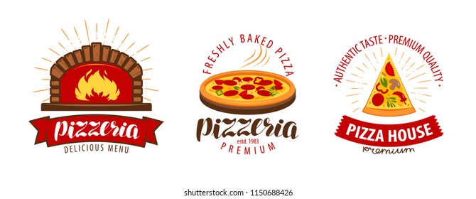 Pizza, logo o símbolo de pizzería. Etiquetas para el diseño de menú restaurante o cafetería. Ilustración del vector