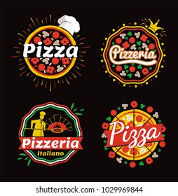 Pizza and pizzeria logos set, collection of badges of pizza and pizzaria Italiano, slices and hat, crown and cook, isolated on vector illustration