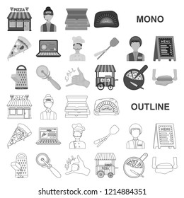Pizza and pizzeria monochrom icons in set collection for design. Staff and equipment vector symbol stock web illustration.
