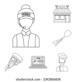 Pizza and pizzeria outline icons in set collection for design. Staff and equipment vector symbol stock web illustration.