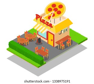 Pizza place concept banner. Isometric banner of pizza place vector concept for web, giftcard and postcard
