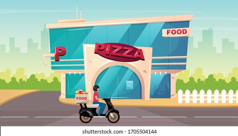 Pizza Place On Street Flat Color Vector Illustration. Fast Food Delivery On Motorbike. Cafe Exterior By Sidewalk. Modern 2D Cartoon Cityscape With Glass Urban Building On Background