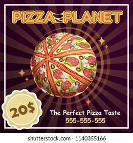 Pizza planet banner. Vector fast food advertising poster.