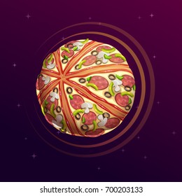Pizza planet. Fantasy space illustration. Food galaxy concept art.