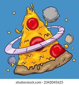 Planeta Pizza.  Graciosa rebanada de pizza en medio del espacio con una rebanada de cebolla alrededor. 