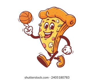 Pizza playing basketball cartoon mascot illustration character vector clip art