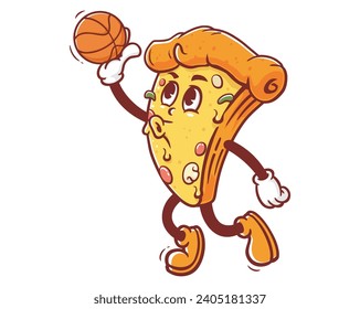 Pizza playing slam dunk basketball  cartoon mascot illustration character vector clip art