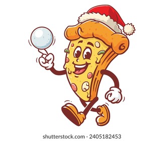 Pizza playing snowball and wearing a Christmas hat cartoon mascot illustration character vector clip art