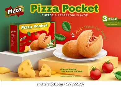 Pizza Pocket Ad Template With Box And Food Mock-up Set On Colorful Podiums, 3d Illustration