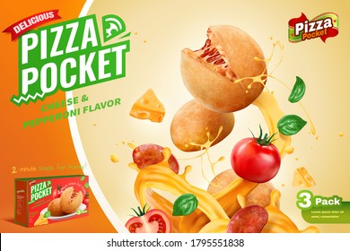 Pizza pocket ad template, food mock-up with splashing cheese and tomatoes, 3d illustration