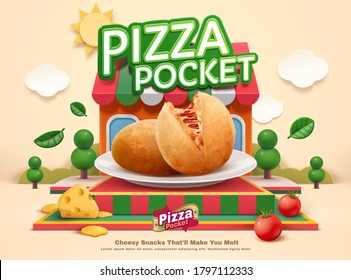 Pizza pocket ad templpate with food mock-up set on miniature restaurant background, 3d illustration