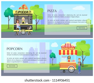 Pizza and popcorn collection, headlines text samples, set of pizzas popcorns sellers with snacks meal isolated vector illustration web posters