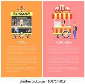 Pizza popcorn collection of posters with headlines editable texts, sellers and buyers, mobile street shops, products in vans isolated vector set