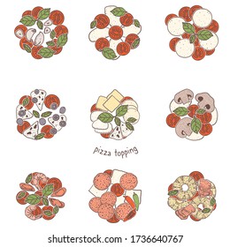 Pizza popular toppings meat and vegetarian, sketching illustration