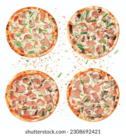 Pizza with pork belly, shiitake mushrooms, green onions, bamboo shoots, nori seaweed, garlic, sesame oil, and miso paste looks delicious presented on a white backdrop in a 3D vector graphic 