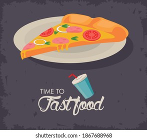 pizza portion in dish delicious fast food vector illustration design