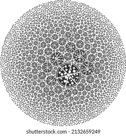 Pizza portions elements are scattered into sphere group. Pizza portions icon bubble mosaic. Abstract round bubble mosaic is combined with pizza portions icons.
