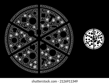 Pizza portions icon and glowing net mesh pizza portions model with sparkle light spots. Illuminated model is generated using pizza portions vector icon and polygonal mesh.