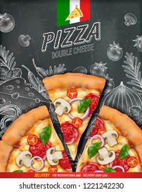 Pizza poster ads with 3d illustration food and woodcut style illustration on chalkboard background, top view