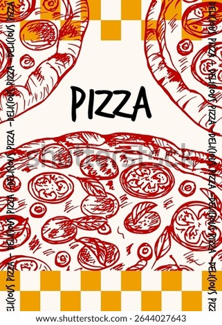 Pizza poster design. Hand drawn outline sketch drawing illustration in engraving style, fast food vector clipart