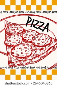 Pizza poster design. Slice of pizza with melting cheese sketch drawing illustration. Outline drawing in engraving style, fast food hand drawn vector clipart