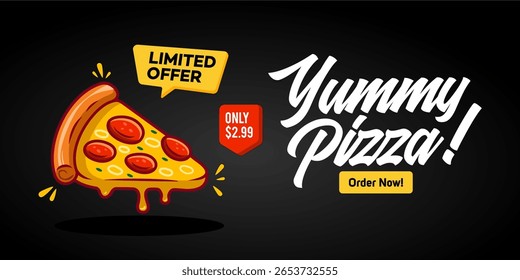 pizza poster. Pizza Flyer Social Media ad Design illustration vector in black background with typography. Fun cartoon style of pizza banner background 