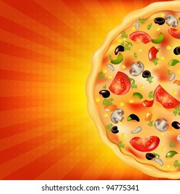 Pizza Poster With Sunburst, Vector Illustration