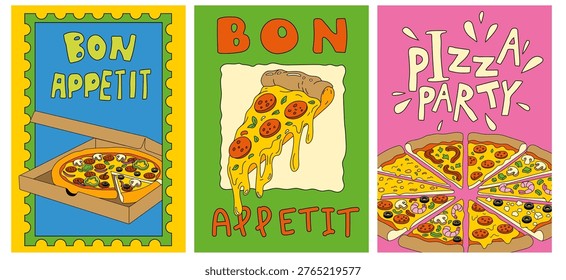 Pizza Posters Set with Bon Appetit and Pizza Party Text