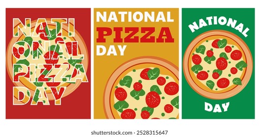 Conjunto de carteles de pizza aislados en blanco para el día nacional de la pizza