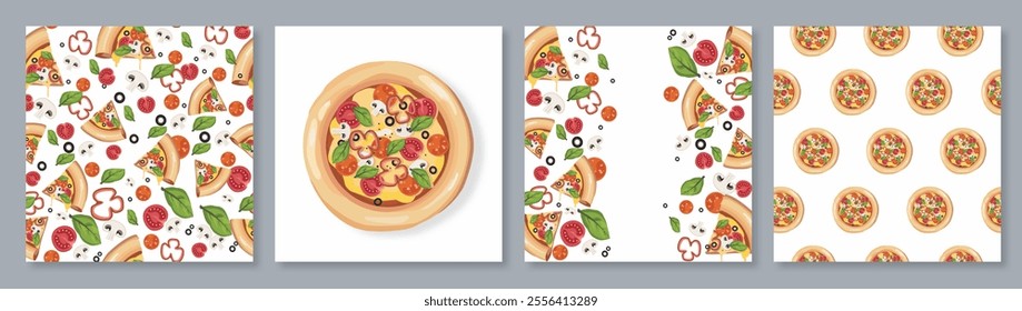 Pizza posters set. Traditional italian cuisine. Seamless patterns with takeaway eating and fast food. Pepperoni with mozzarella. Flat vector collection isolated on grey background