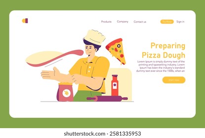 Pizza preparation scene featuring a chef tossing dough in the air while surrounded by pizza ingredients. Celebrates National Pizza Day with excitement and culinary creativity. Perfect for promoting