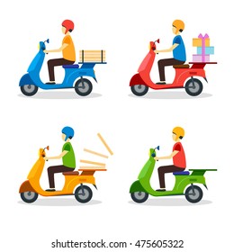Pizza and Present Delivery Man Set. Flat Design Style. Vector illustration of Four Pizza Boys Courier on Scooter with Pizzas Boxes