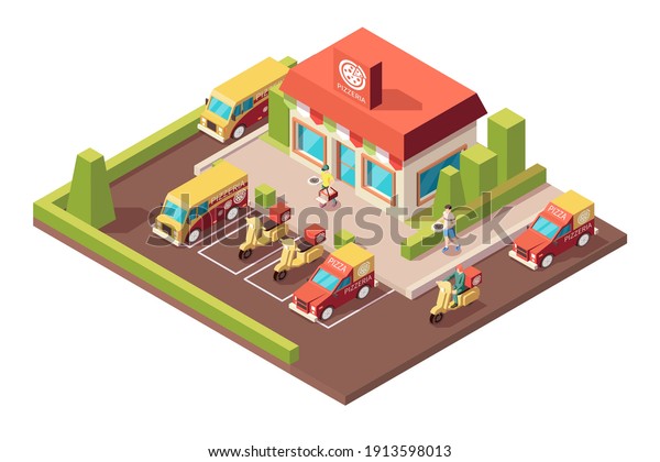 Pizza production pizzeria isometric\
composition with outdoor view of pizza house with delivery cars and\
motorbikes vector\
illustration