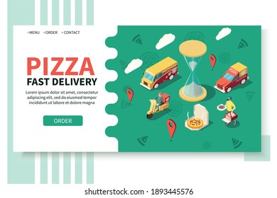 Pizza production pizzeria isometric website with clickable links text and button with images of fast delivery vector illustration