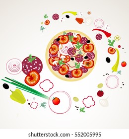 Pizza Products vector. Flat design. Set products for cooking vegetables. Sausage, herbs, olives, pizza dough, tomatoes, onions, garlic, peppers.