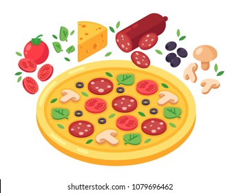 Pizza e produtos para ilustração isométrica vetorial pizza. Tomate, queijo, pepperoni, cogumelos e azeitonas. Ilustração isométrica isolada em fundo branco.