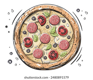 Pizza with prosciutto, tomato and mozzarella isolated on white background. Pizza design in vintage cartoon style. Vector illustration